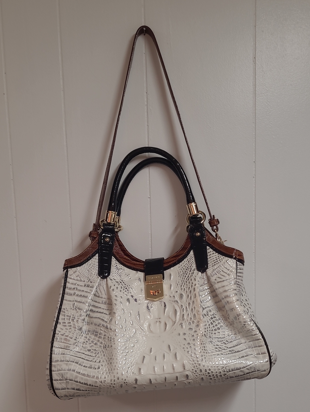 Brahmin White/Silver Croc-Embossed Hobo Satchel with Brown/Black/Gold Tone Trim - Picture 16 of 16